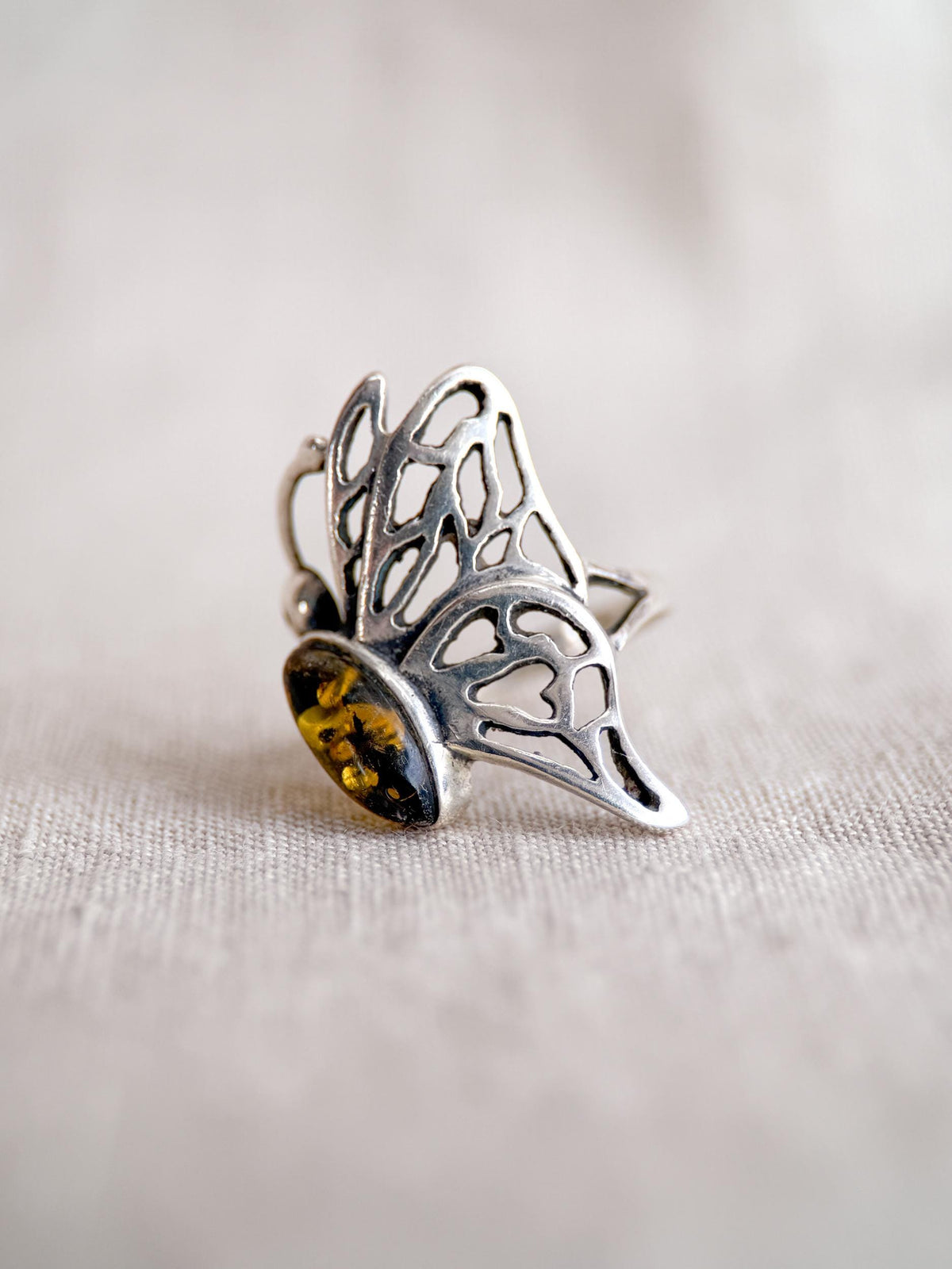 Vintage Amber Ring, Sterling Silver Butterfly Filigree Statement Ring, Boho Everyday Jewelry