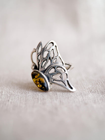 Vintage Amber Ring, Sterling Silver Butterfly Filigree Statement Ring, Boho Everyday Jewelry