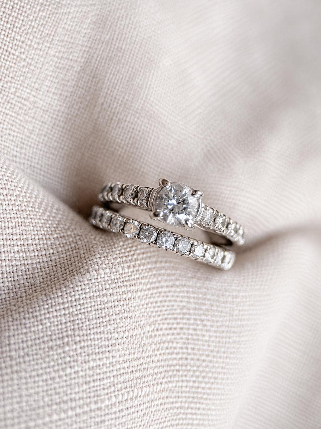 Vintage Diamond Engagement Ring & Wedding Band, Round Cut, 14k White Gold, Classic Bridal Set