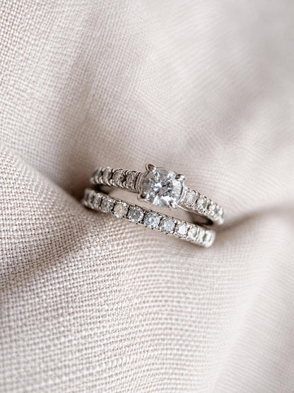 Vintage Diamond Engagement Ring & Wedding Band, Round Cut, 14k White Gold, Classic Bridal Set