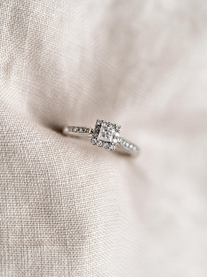 Vintage Diamond Engagement Ring, Princess Cut, 14k White Gold, 1990s Halo Bridal Ring