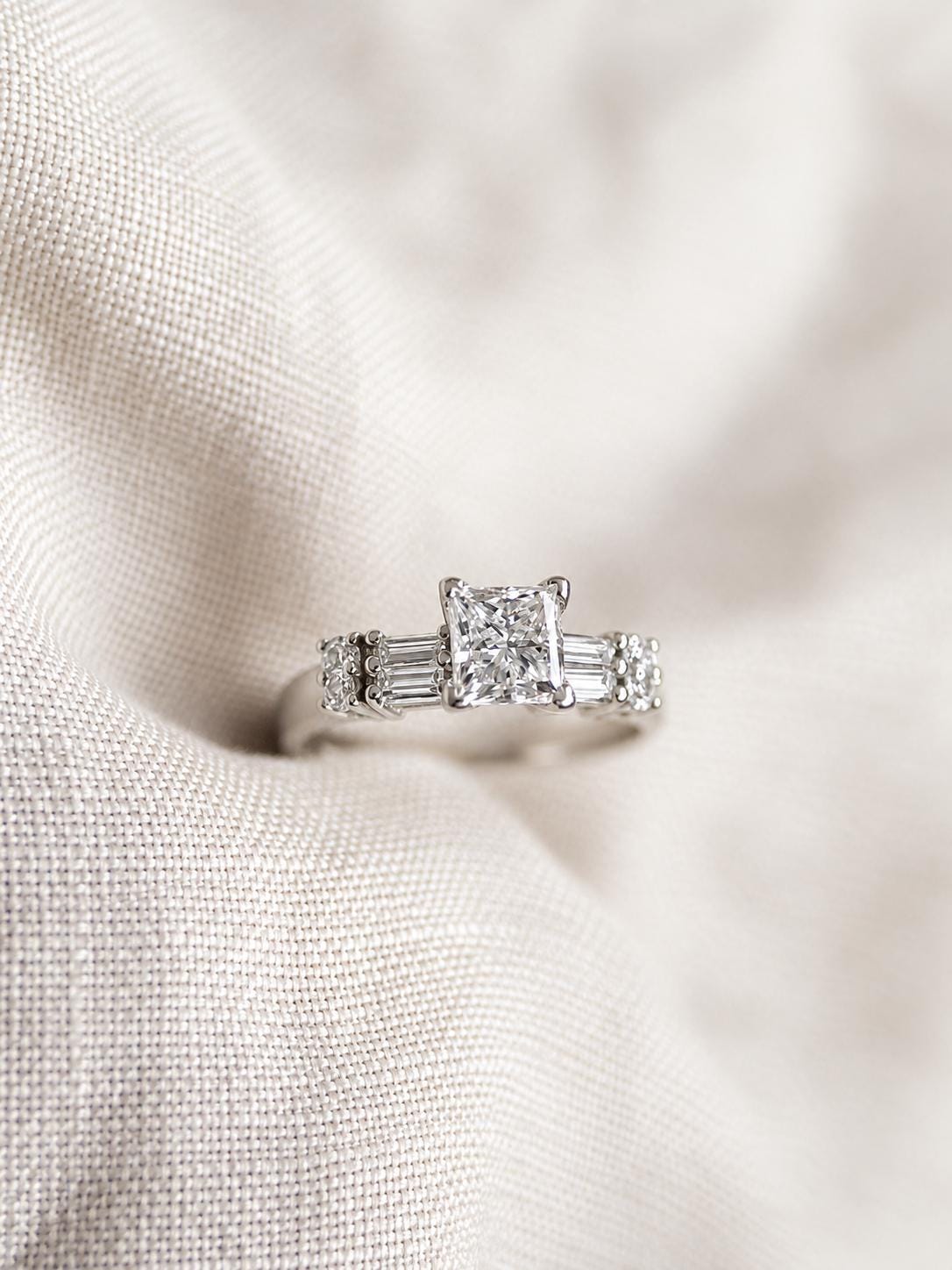 Vintage Diamond Engagement Ring, Princess Cut, 14k White Gold, 1990s Baguette Accent Bridal Ring