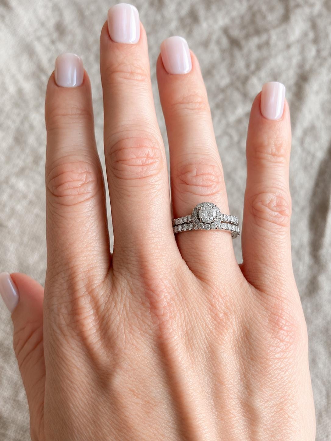 Vintage Diamond Engagement & Wedding Ring Set, Round Cut, 14k White Gold, 1990s Halo Setting