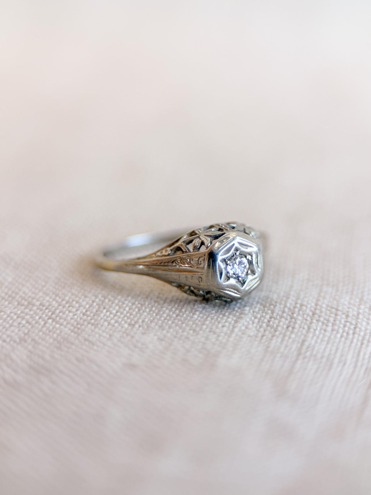 Vintage Diamond Engagement Ring, Round Cut, 14k White Gold, Antique Filigree Bridal Ring