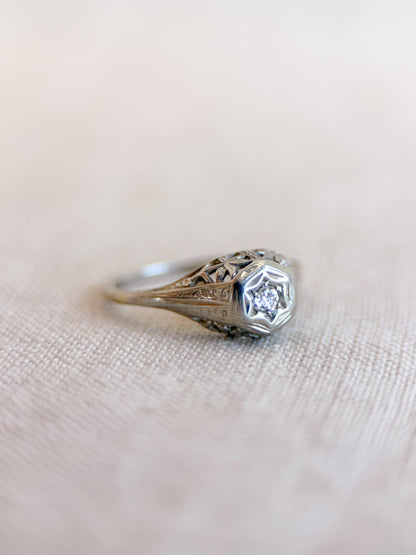 Vintage Diamond Engagement Ring, Round Cut, 14k White Gold, Antique Filigree Bridal Ring