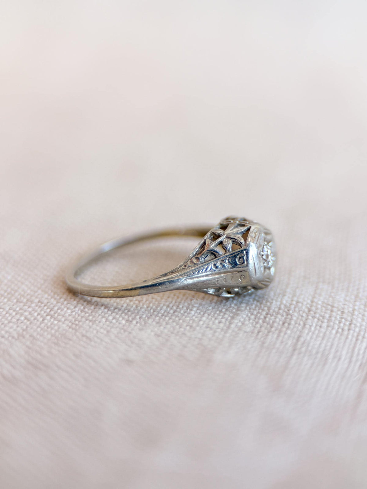 Vintage Diamond Engagement Ring, Round Cut, 14k White Gold, Antique Filigree Bridal Ring