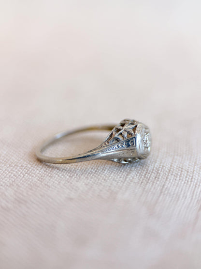 Vintage Diamond Engagement Ring, Round Cut, 14k White Gold, Antique Filigree Bridal Ring
