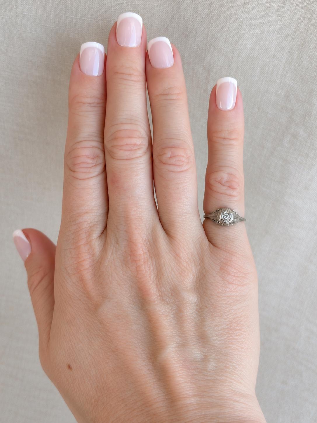 Vintage Diamond Engagement Ring, Round Cut, 14k White Gold, Antique Filigree Bridal Ring
