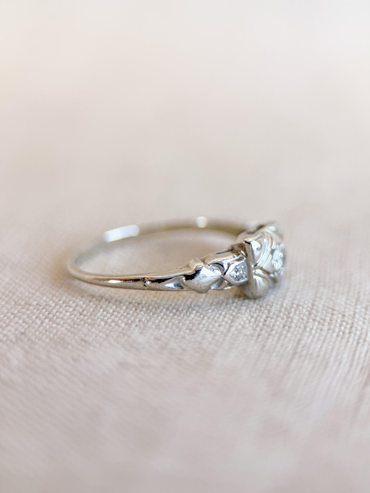 Vintage Diamond Engagement Ring, Round Cut, 14k White Gold, Antique Art Deco Bridal Ring