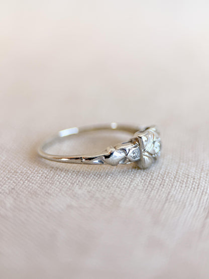 Vintage Diamond Engagement Ring, Round Cut, 14k White Gold, Antique Art Deco Bridal Ring