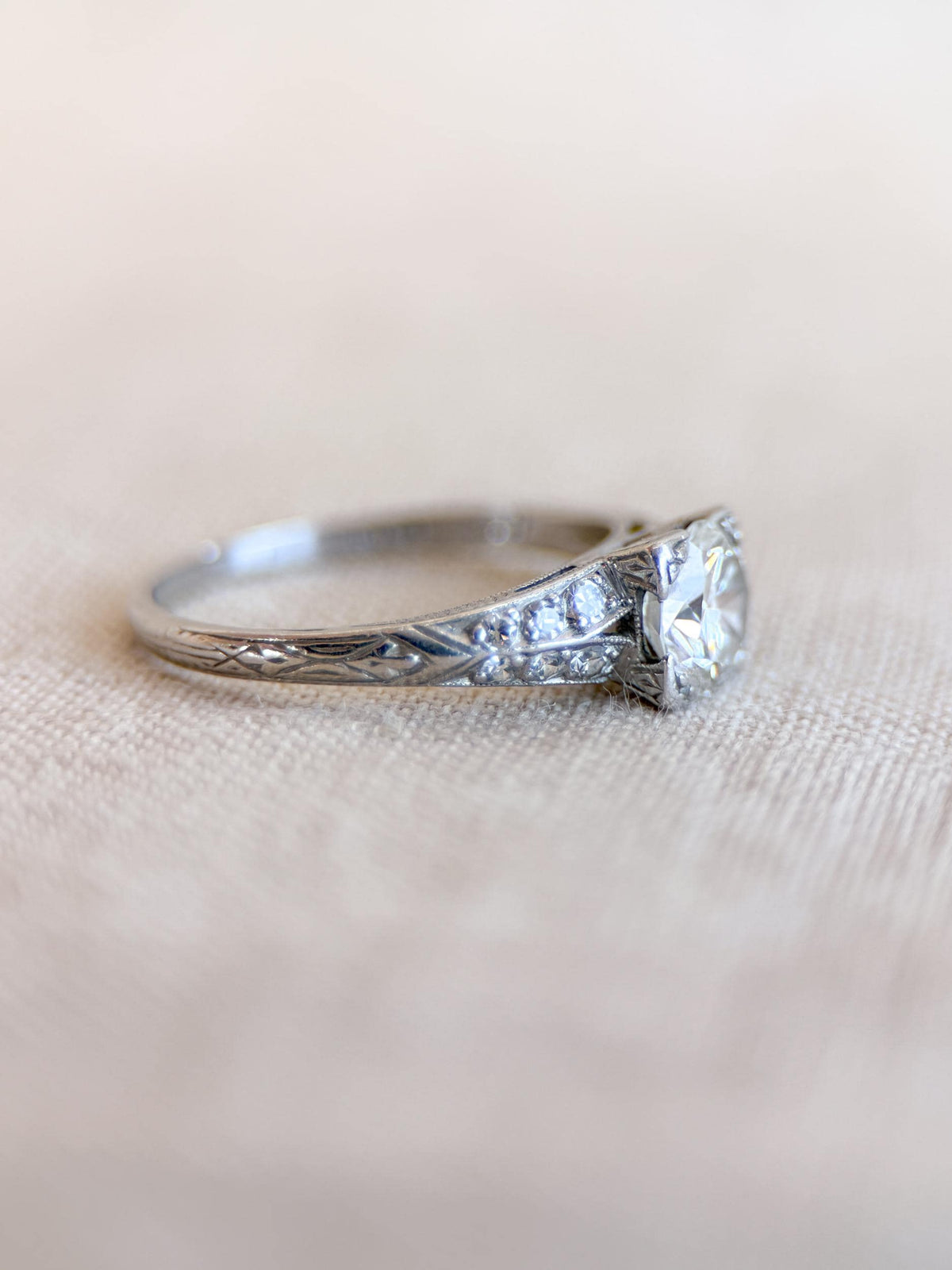 Vintage Diamond Engagement Ring, Round Cut, Platinum, Antique Filigree Art Deco Bridal Ring