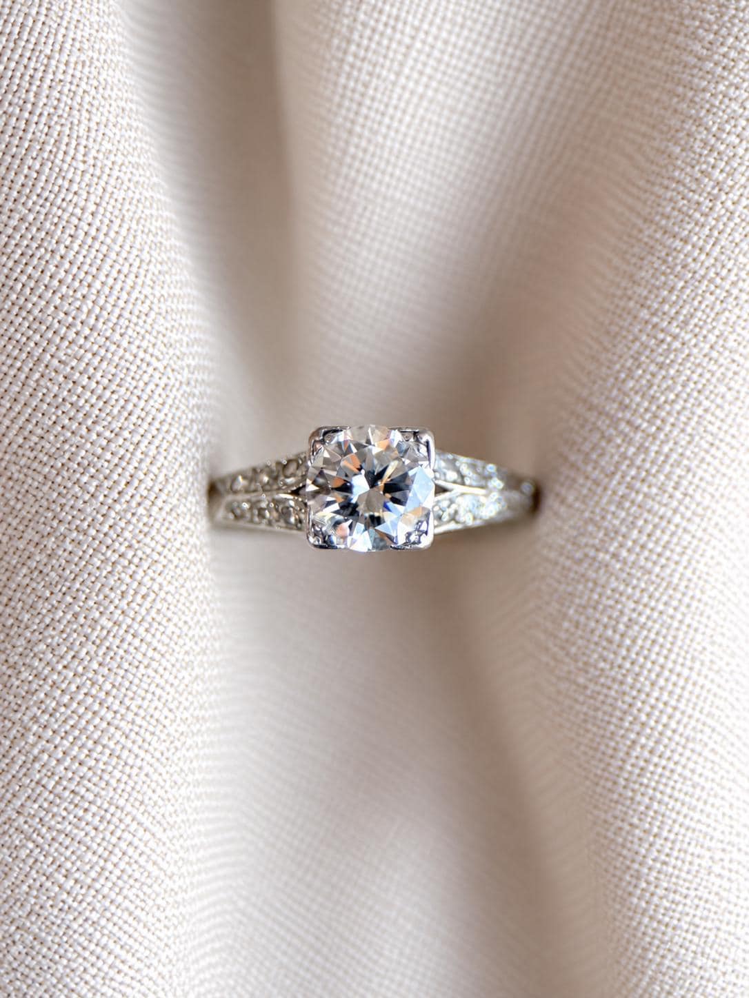 Vintage Diamond Engagement Ring, Round Cut, Platinum, Antique Filigree Art Deco Bridal Ring