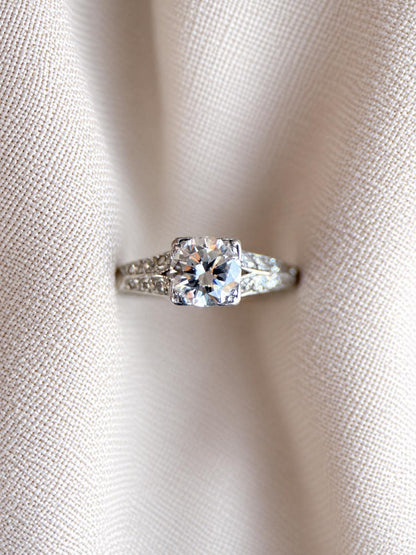 Vintage Diamond Engagement Ring, Round Cut, Platinum, Antique Filigree Art Deco Bridal Ring