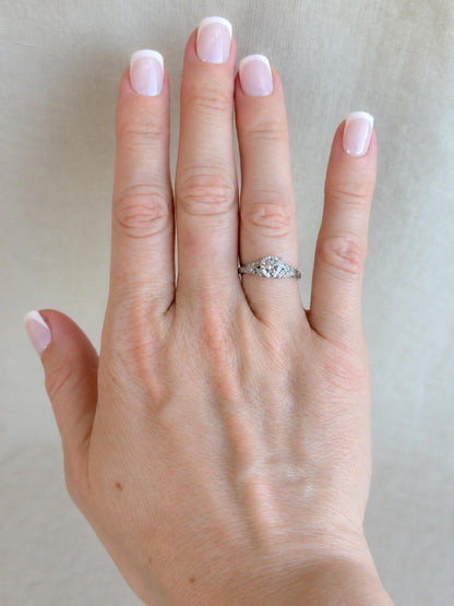 Vintage Diamond Engagement Ring, Round Cut, Platinum, Antique Filigree Art Deco Bridal Ring