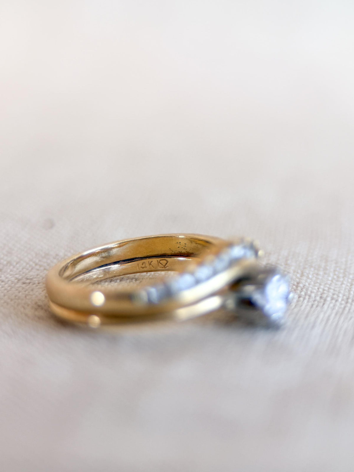 Vintage Diamond Engagement Ring and Wedding Band, Round Cut, 14k Gold Wrap Bridal Set
