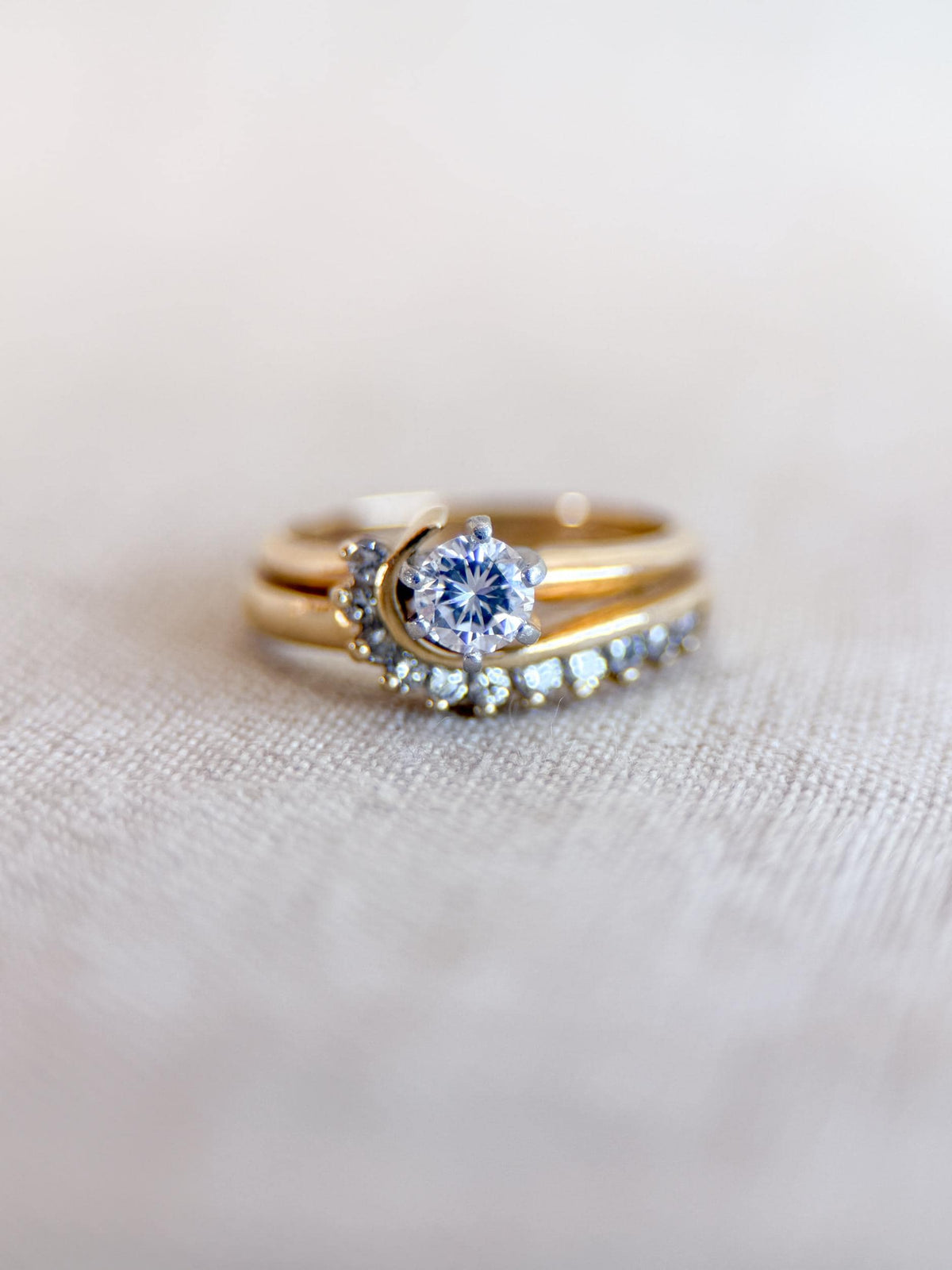 Vintage Diamond Engagement Ring and Wedding Band, Round Cut, 14k Gold Wrap Bridal Set