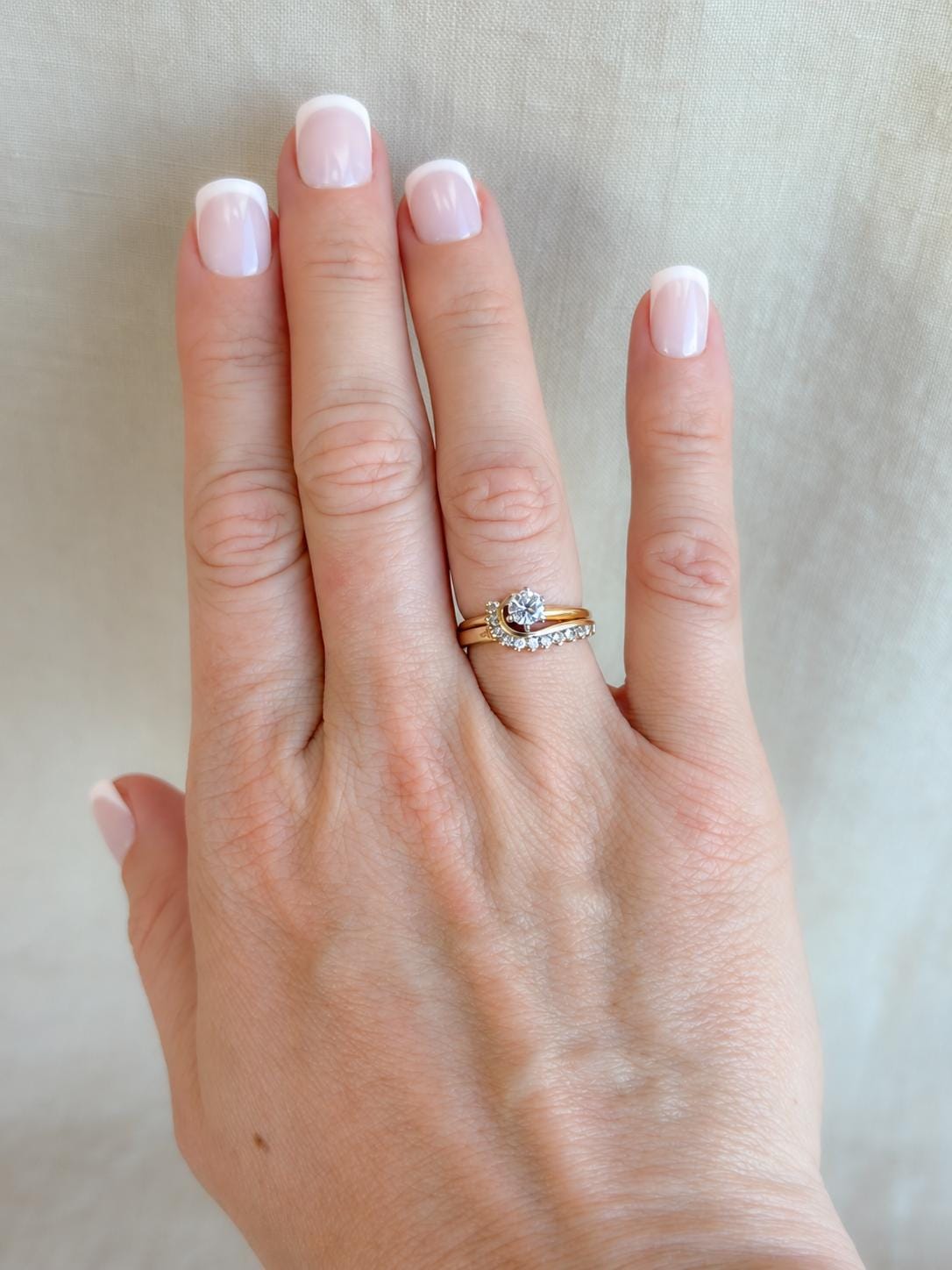 Vintage Diamond Engagement Ring and Wedding Band, Round Cut, 14k Gold Wrap Bridal Set
