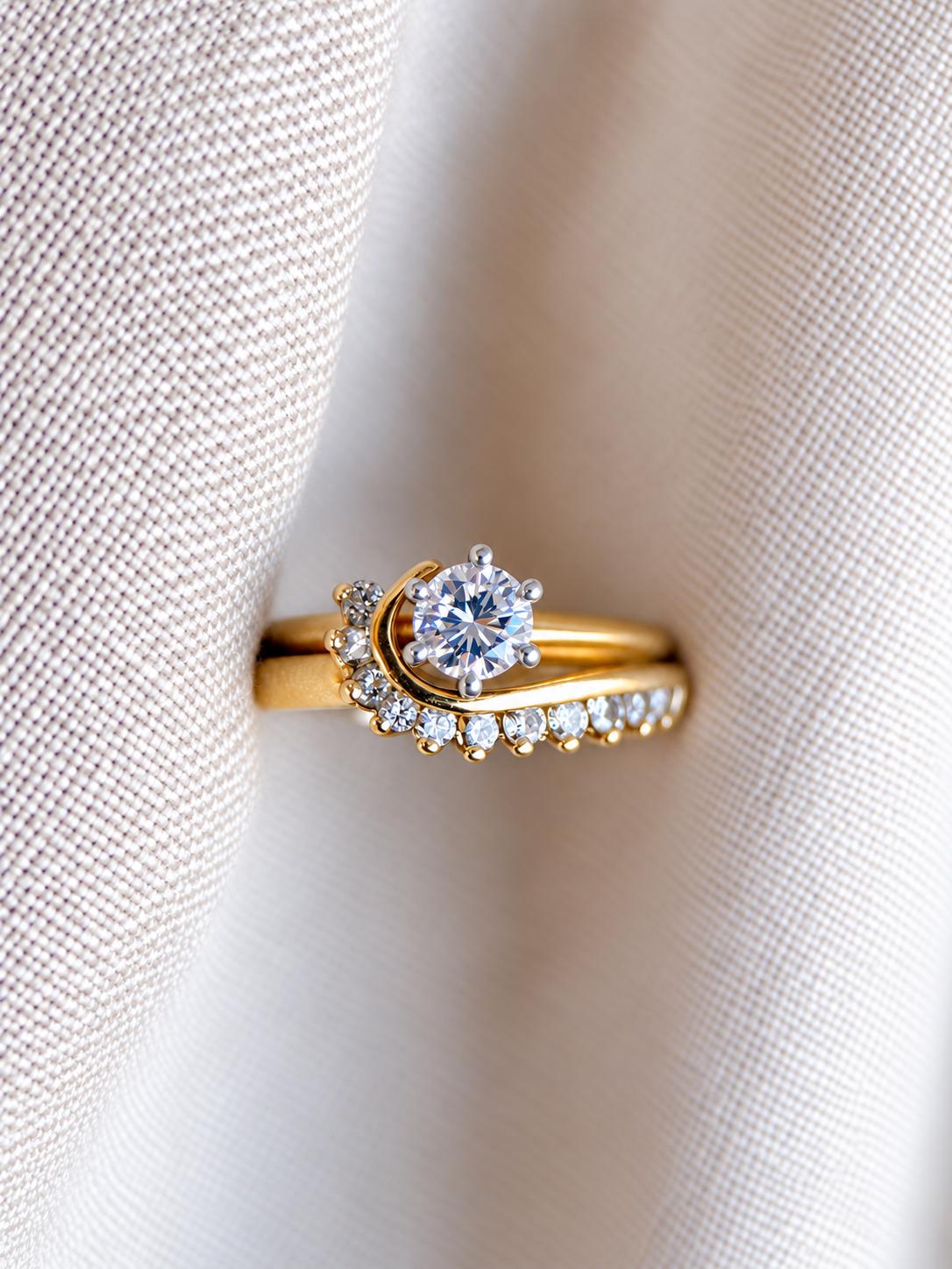 Vintage Diamond Engagement Ring and Wedding Band, Round Cut, 14k Gold Wrap Bridal Set