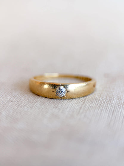 Vintage Diamond Engagement Ring, Old Mine Cut, 18k Gold, Flush Set Solitaire Bridal Band