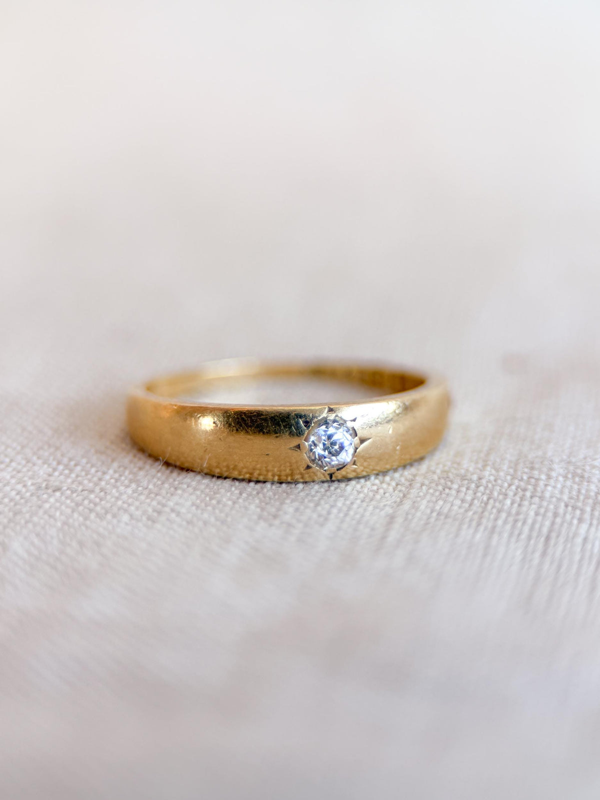 Vintage Diamond Engagement Ring, Old Mine Cut, 18k Gold, Flush Set Solitaire Bridal Band