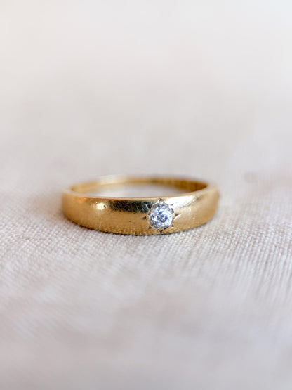 Vintage Diamond Engagement Ring, Old Mine Cut, 18k Gold, Flush Set Solitaire Bridal Band