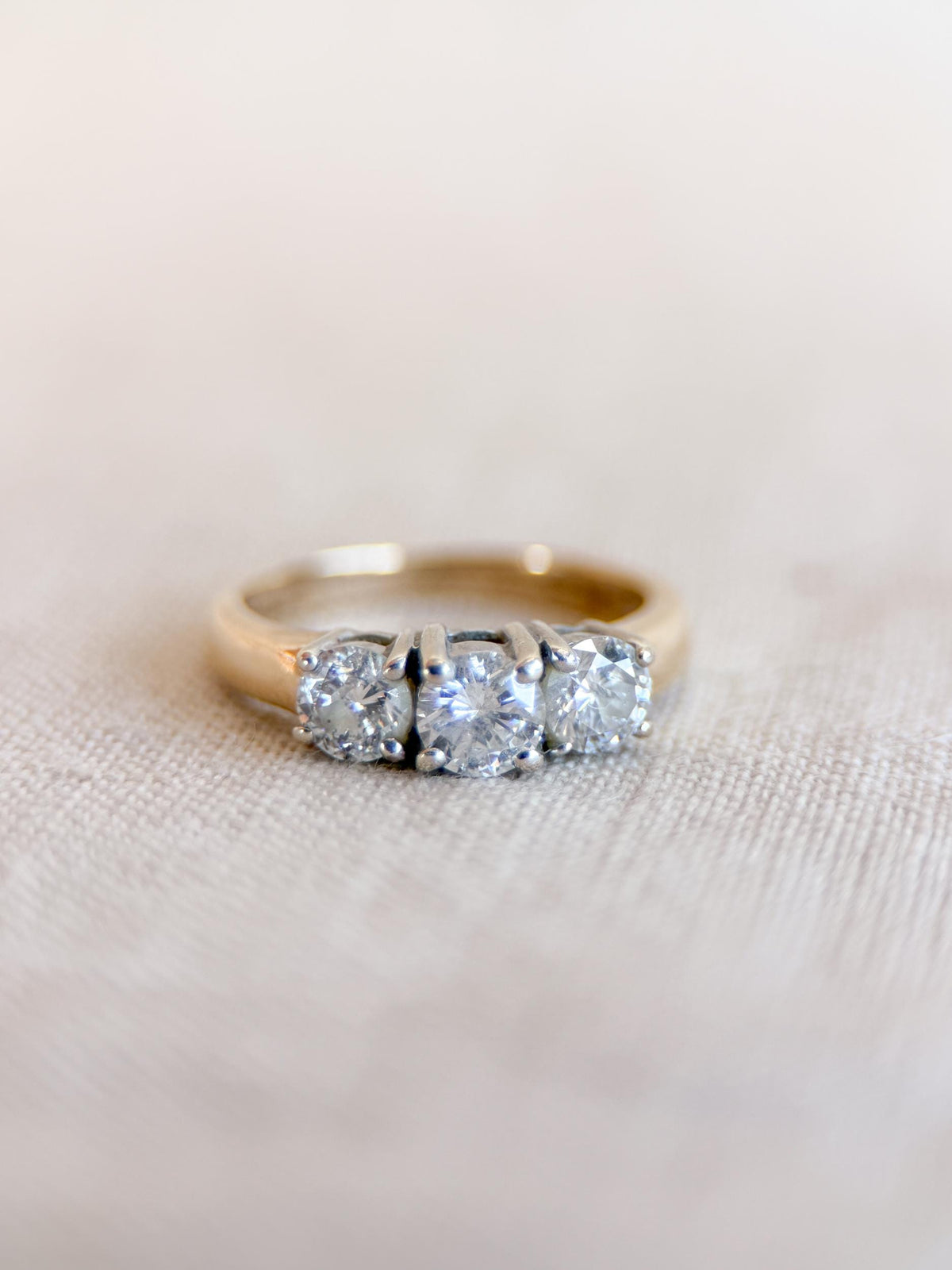 Vintage Diamond Engagement Ring, Round Cut, 14k Gold, Three Stone Prong Set Bridal Ring