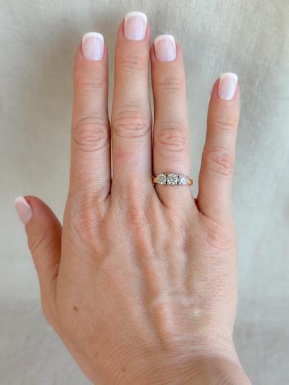 Vintage Diamond Engagement Ring, Round Cut, 14k Gold, Three Stone Prong Set Bridal Ring