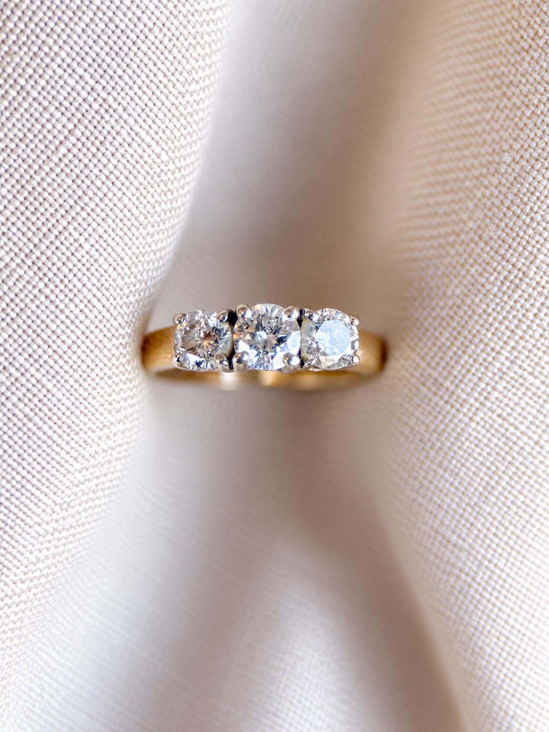 Vintage Diamond Engagement Ring, Round Cut, 14k Gold, Three Stone Prong Set Bridal Ring
