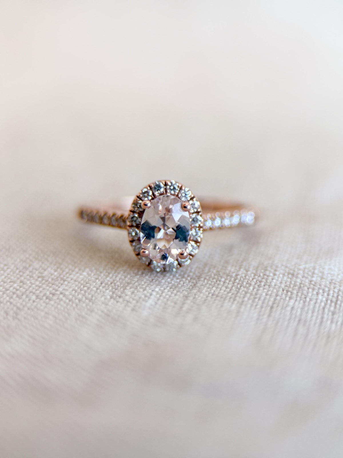 Vintage Morganite Engagement Ring, Oval Cut, 14k Rose Gold, Diamond Halo Pink Bridal Ring