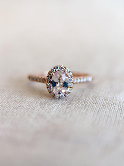 Vintage Morganite Engagement Ring, Oval Cut, 14k Rose Gold, Diamond Halo Pink Bridal Ring