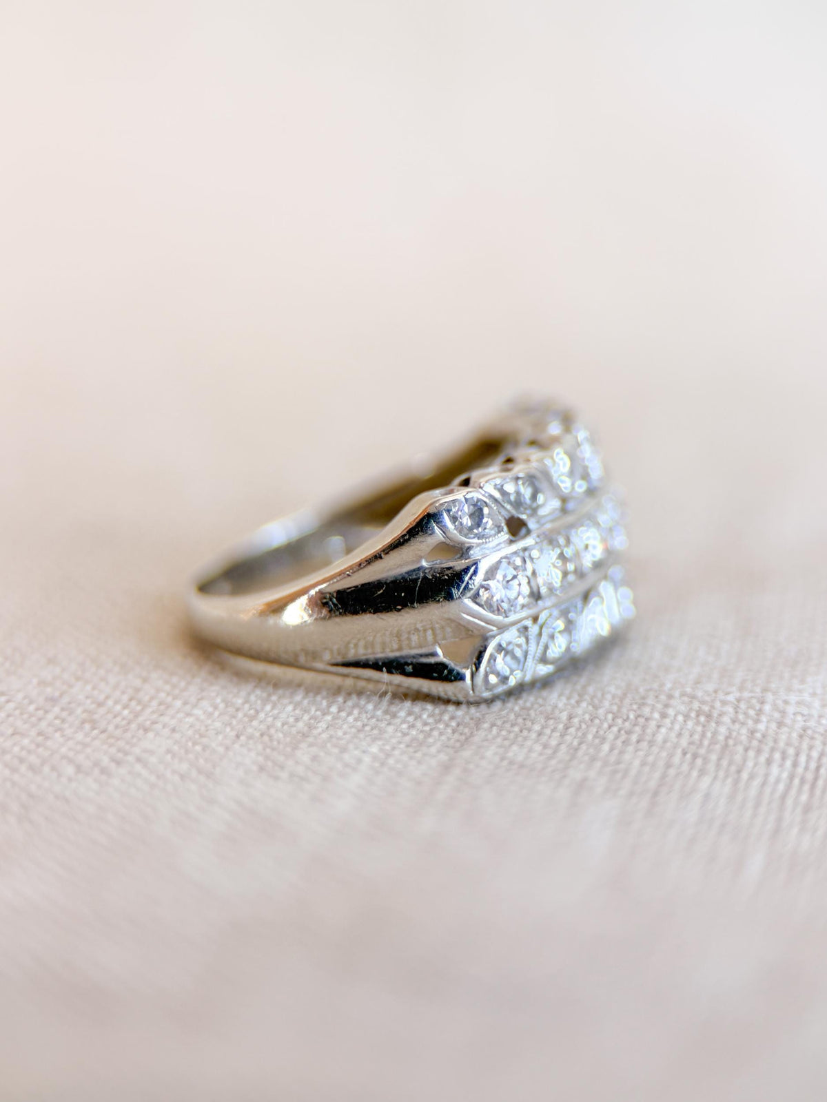 Vintage Diamond Anniversary Band, 14k White Gold, Art Deco Wedding Ring, Wide Filigree Band