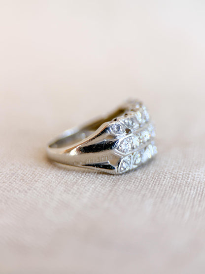 Vintage Diamond Anniversary Band, 14k White Gold, Art Deco Wedding Ring, Wide Filigree Band