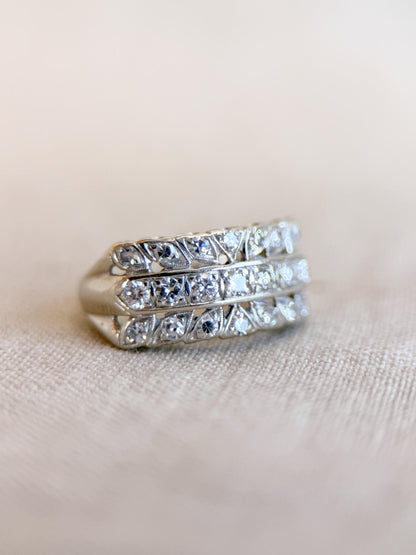 Vintage Diamond Anniversary Band, 14k White Gold, Art Deco Wedding Ring, Wide Filigree Band
