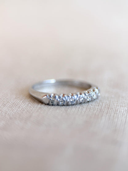 Vintage Diamond Wedding Band, Platinum, Antique Prong Set Minimalist Ring, Stacking Band