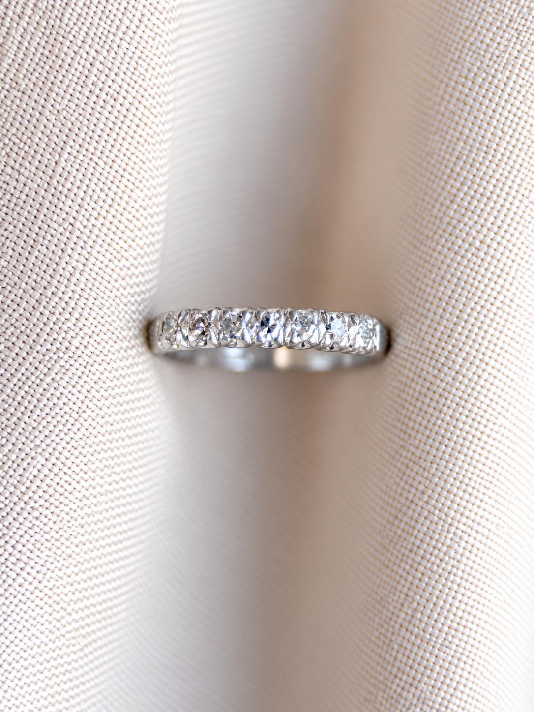 Vintage Diamond Wedding Band, Platinum, Antique Prong Set Minimalist Ring, Stacking Band