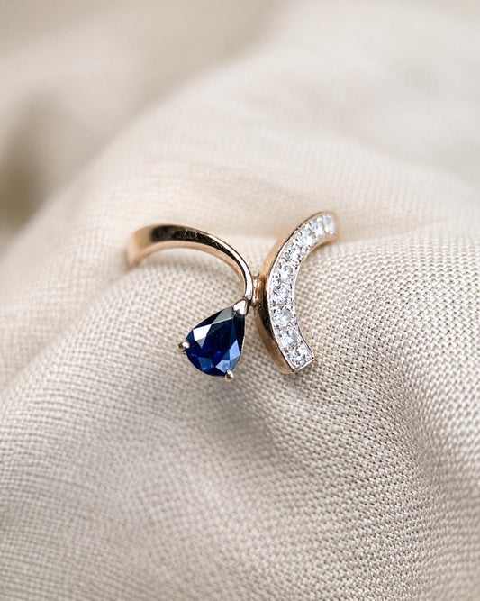 Vintage Sapphire and Diamond Ring, 14k Gold, Asymmetrical Pear Toi et Moi, 1970s Jewelry
