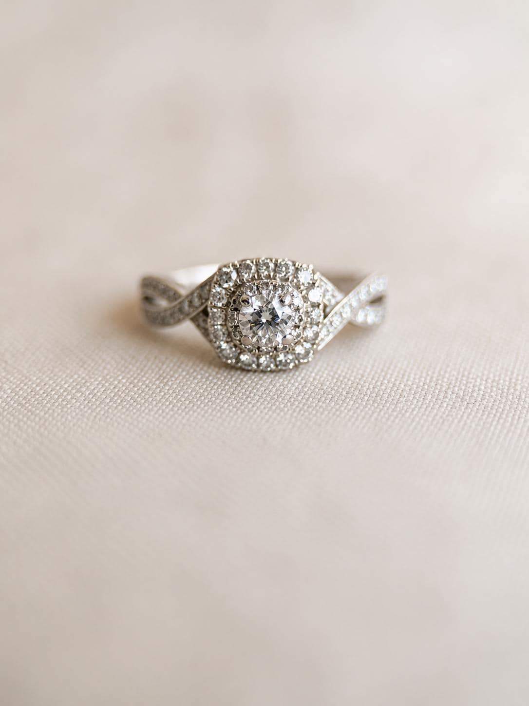 Vintage Diamond Halo Engagement Ring, Round Cut, 14k White Gold, Cushion Infinity Bridal Ring