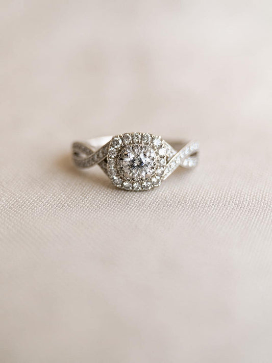 Vintage Diamond Halo Engagement Ring, Round Cut, 14k White Gold, Cushion Infinity Bridal Ring