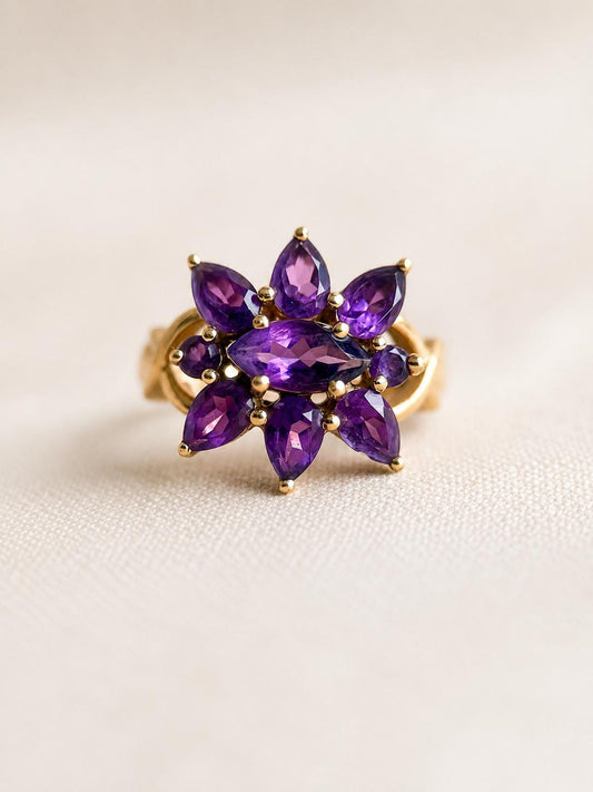 Vintage Amethyst Ring, 14k Gold, Purple Floral Cluster Statement Ring, Flower Jewelry
