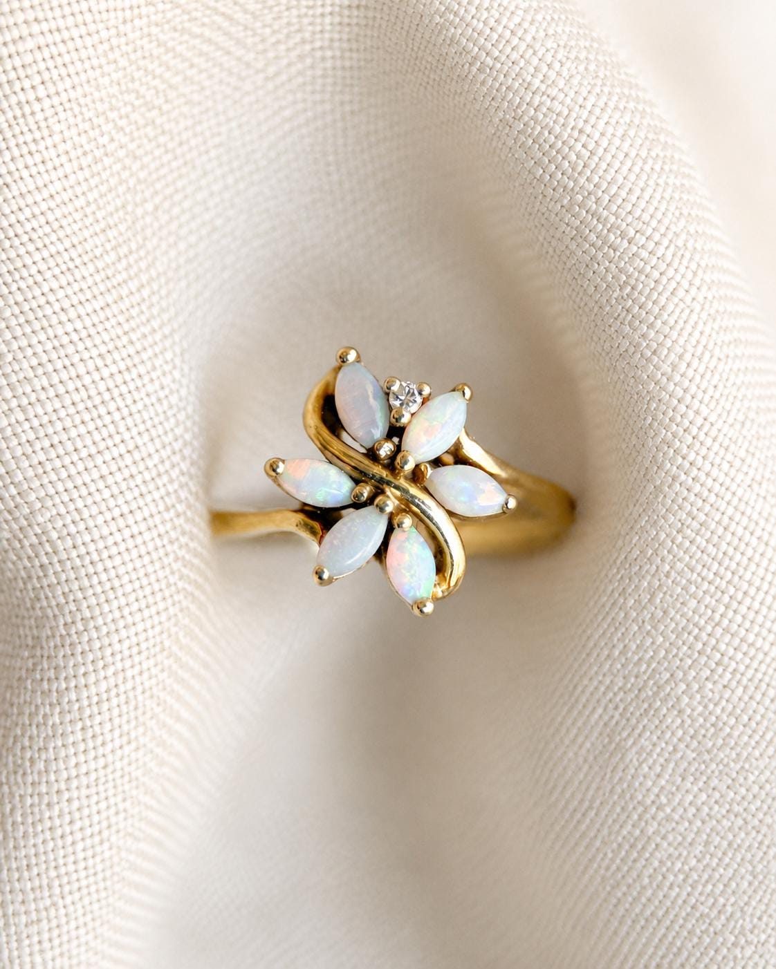 Vintage Opal Flower Ring, 14k Gold, Marquise Floral Cluster Statement Ring, Unique Gemstone Jewelry