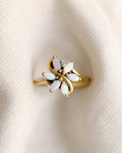 Vintage Opal Flower Ring, 14k Gold, Marquise Floral Cluster Statement Ring, Unique Gemstone Jewelry