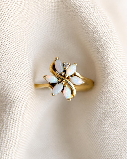 Vintage Opal Flower Ring, 14k Gold, Marquise Floral Cluster Statement Ring, Unique Gemstone Jewelry
