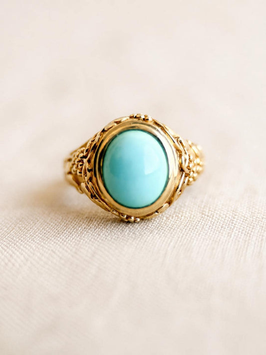 Vintage Turquoise Ring, 14k Gold, Filigree Oval Bezel Statement Ring, Unique Bold Jewelry