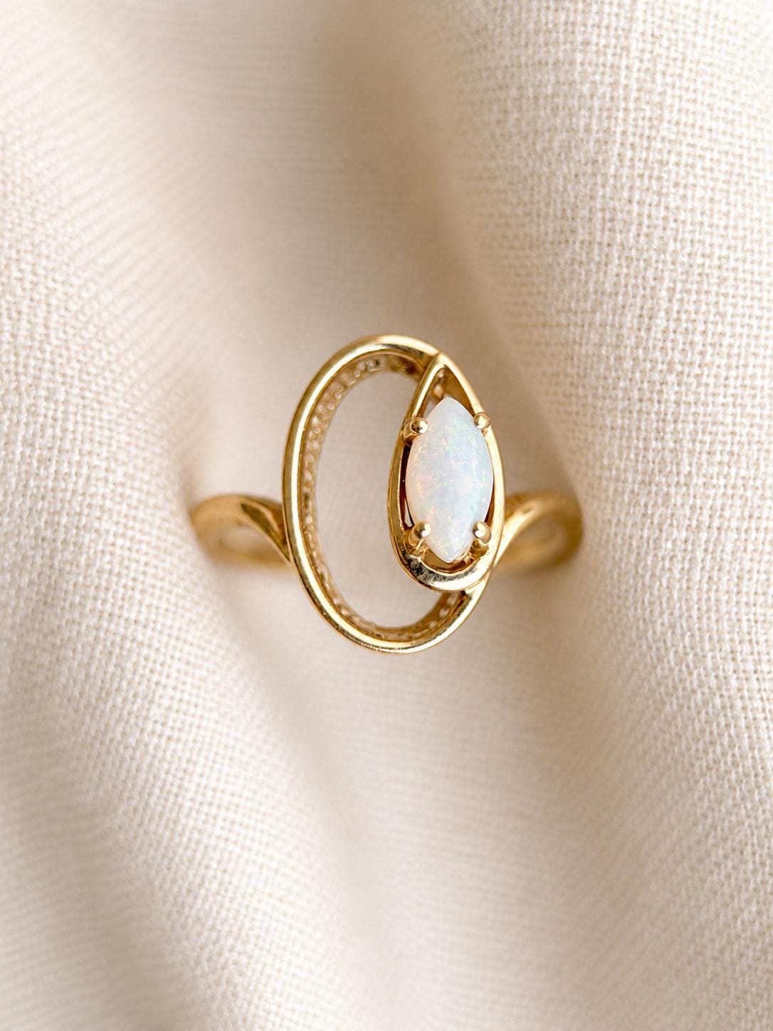 Vintage Opal Ring, 10k Gold, Marquise Ellipse Statement Ring, Unique Gemstone Jewelry