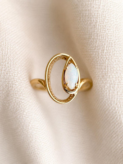 Vintage Opal Ring, 10k Gold, Marquise Ellipse Statement Ring, Unique Gemstone Jewelry