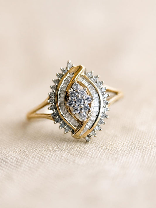 Vintage Diamond Engagement Ring, Round and Baguette Cut, 10k Gold, Cluster Bridal Ring