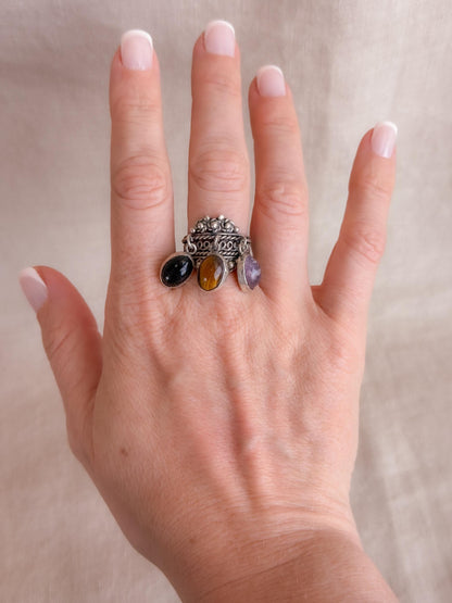 Vintage Gemstone Ring, Sterling Silver, Tassel Bezel Statement Ring, Boho Everyday Jewelry