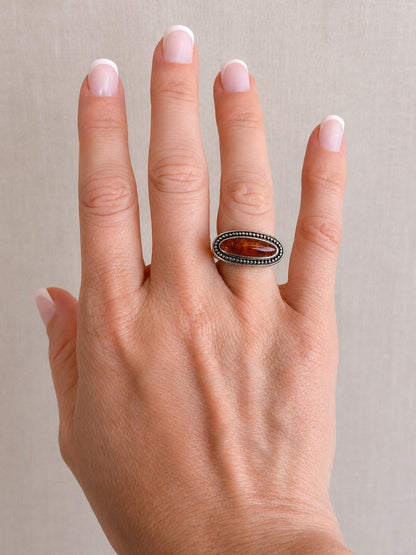 Vintage Amber Ring Sterling Silver, East West Long Oval Statement Ring, Boho Everyday Jewelry