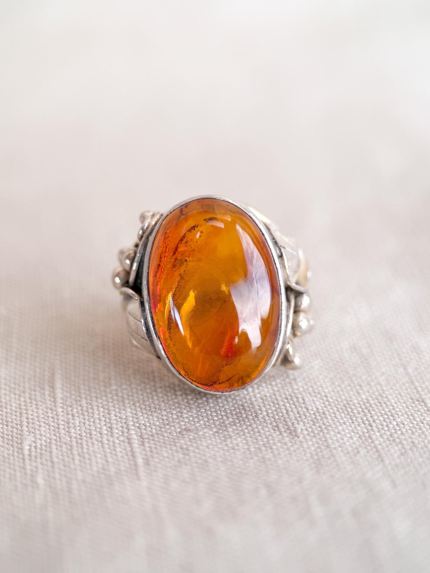 Vintage Amber Ring Sterling Silver, Floral Filigree Oval Statement Ring, Boho Everyday Jewelry