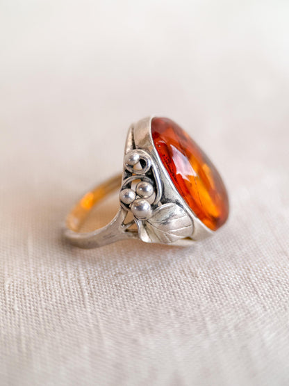 Vintage Amber Ring Sterling Silver, Floral Filigree Oval Statement Ring, Boho Everyday Jewelry